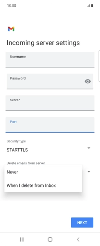 Press Never to keep email on the server when you delete them on your phone. Press Never to keep email on the server when you delete them on your phone.