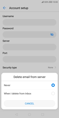 Press Never to keep email messages on the server when you delete them on your phone.