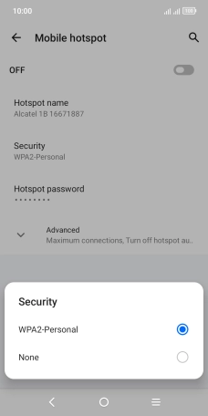Press WPA2-Personal to password protect your Wi-Fi hotspot. Press WPA2-Personal to password protect your Wi-Fi hotspot.