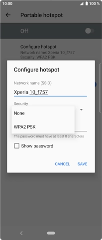 Press WPA2 PSK to password protect your Wi-Fi hotspot. Press WPA2 PSK to password protect your Wi-Fi hotspot.