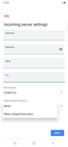 Press Never to keep email on the server when you delete them on your phone. Press Never to keep email on the server when you delete them on your phone.