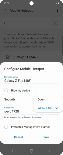 Press WPA2 PSK to password protect your Wi-Fi hotspot. Press WPA2 PSK to password protect your Wi-Fi hotspot.
