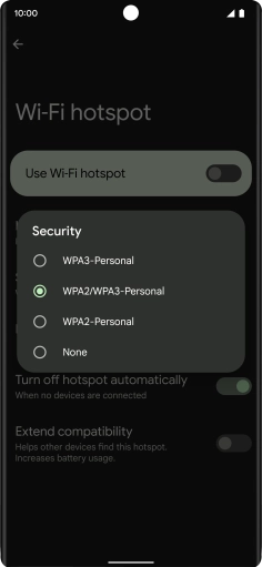 Press WPA3-Personal to password protect your Wi-Fi hotspot. Press WPA3-Personal to password protect your Wi-Fi hotspot.