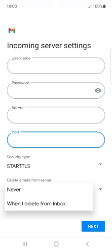 Press Never to keep email on the server when you delete them on your phone. Press Never to keep email on the server when you delete them on your phone.