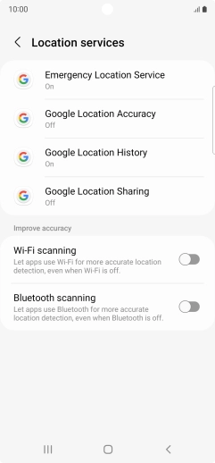 Press Google Location Accuracy. Press Google Location Accuracy.