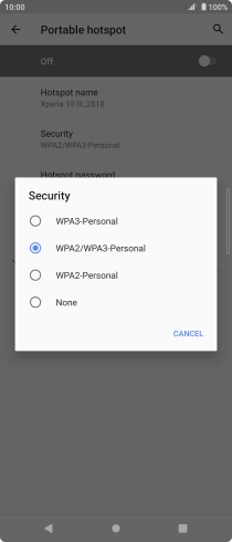 Press WPA3-Personal to password protect your Wi-Fi hotspot. Press WPA3-Personal to password protect your Wi-Fi hotspot.