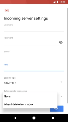 Press Never to keep email messages on the server when you delete them on your phone.