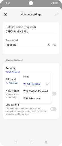 Press WPA3-Personal to password protect your Wi-Fi hotspot. Press WPA3-Personal to password protect your Wi-Fi hotspot.