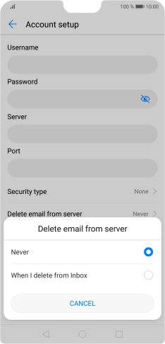 Press Never to keep email messages on the server when you delete them on your phone.