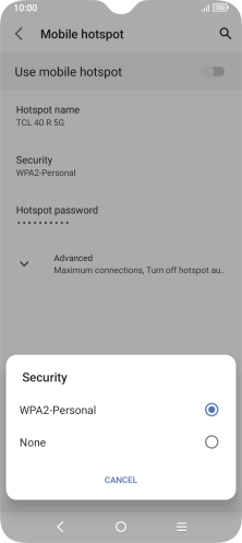Press WPA2-Personal to password protect your Wi-Fi hotspot. Press WPA2-Personal to password protect your Wi-Fi hotspot.