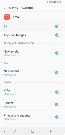 Press the indicator next to the required email account to turn the function on or off. Press the indicator next to the required email account to turn the function on or off.