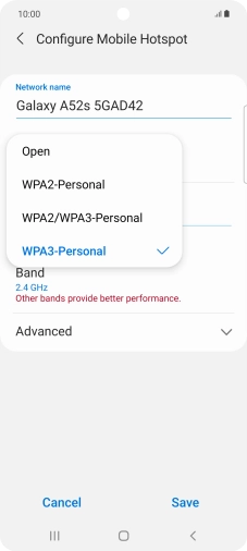 Press WPA3-Personal to password protect your Wi-Fi hotspot. Press WPA3-Personal to password protect your Wi-Fi hotspot.