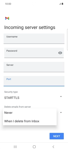 Press Never to keep email on the server when you delete them on your phone. Press Never to keep email on the server when you delete them on your phone.