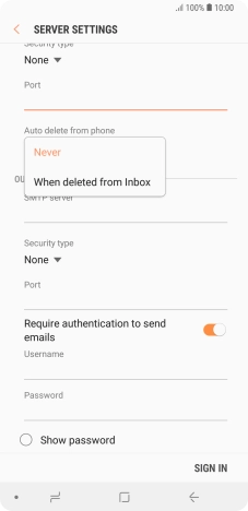 Press Never to keep email on the server when you delete them on your phone. Press Never to keep email on the server when you delete them on your phone.