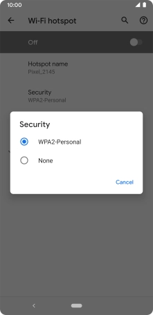 Press WPA2-Personal to password protect your Wi-Fi hotspot. Press WPA2-Personal to password protect your Wi-Fi hotspot.