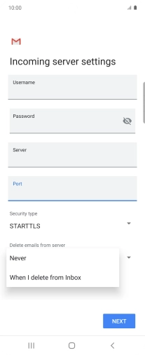 Press Never to keep email on the server when you delete them on your phone. Press Never to keep email on the server when you delete them on your phone.