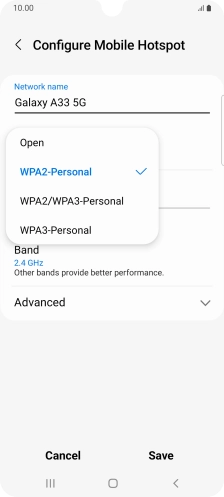 Press WPA3-Personal to password protect your Wi-Fi hotspot. Press WPA3-Personal to password protect your Wi-Fi hotspot.