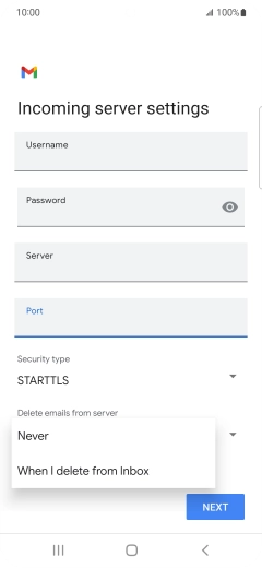 Press Never to keep email on the server when you delete them on your phone. Press Never to keep email on the server when you delete them on your phone.