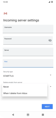 Press Never to keep email on the server when you delete them on your phone. Press Never to keep email on the server when you delete them on your phone.