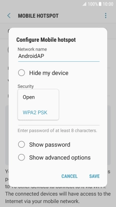 Press WPA2 PSK to password protect your Wi-Fi hotspot.