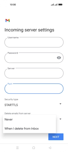 Press Never to keep email on the server when you delete them on your phone. Press Never to keep email on the server when you delete them on your phone.