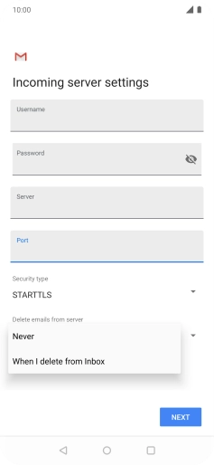 Press Never to keep email on the server when you delete them on your phone. Press Never to keep email on the server when you delete them on your phone.