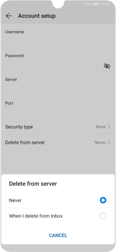 Press Never to keep email on the server when you delete them on your phone. Press Never to keep email on the server when you delete them on your phone.