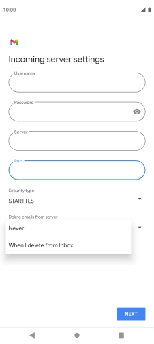Press Never to keep email on the server when you delete them on your phone. Press Never to keep email on the server when you delete them on your phone.