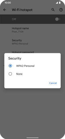 Press WPA2-Personal to password protect your Wi-Fi hotspot. Press WPA2-Personal to password protect your Wi-Fi hotspot.