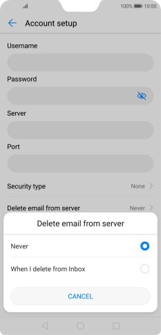 Press Never to keep email messages on the server when you delete them on your phone. Press Never to keep email messages on the server when you delete them on your phone.
