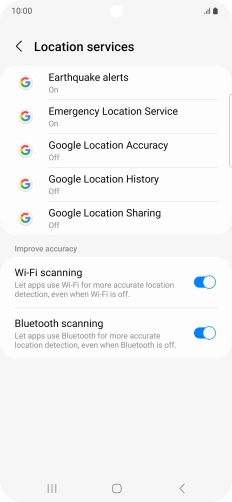 Press Google Location Accuracy. Press Google Location Accuracy.
