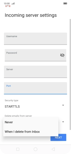 Press Never to keep email on the server when you delete them on your phone. Press Never to keep email on the server when you delete them on your phone.