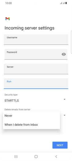 Press Never to keep email on the server when you delete them on your phone. Press Never to keep email on the server when you delete them on your phone.