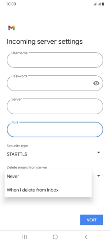 Press Never to keep email on the server when you delete them on your phone. Press Never to keep email on the server when you delete them on your phone.