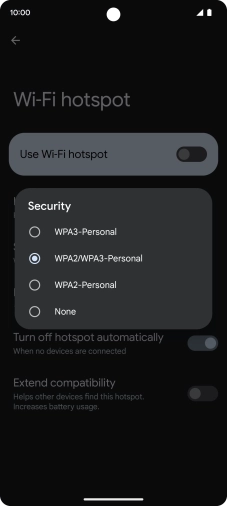 Press WPA3-Personal to password protect your Wi-Fi hotspot. Press WPA3-Personal to password protect your Wi-Fi hotspot.