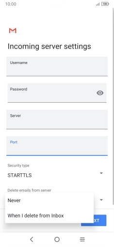Press Never to keep email on the server when you delete them on your phone. Press Never to keep email on the server when you delete them on your phone.
