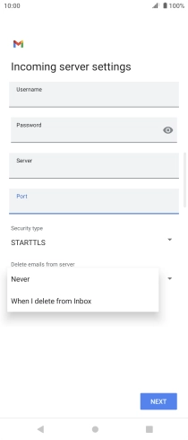 Press Never to keep email on the server when you delete them on your phone. Press Never to keep email on the server when you delete them on your phone.