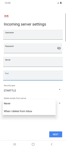 Press Never to keep email on the server when you delete them on your phone. Press Never to keep email on the server when you delete them on your phone.