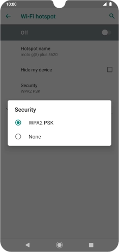 Press WPA2 PSK to password protect your Wi-Fi hotspot. Press WPA2 PSK to password protect your Wi-Fi hotspot.
