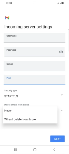 Press Never to keep email on the server when you delete them on your phone. Press Never to keep email on the server when you delete them on your phone.