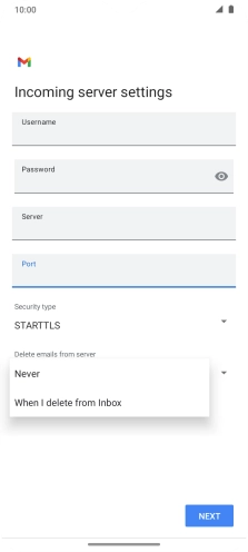 Press Never to keep email on the server when you delete them on your phone. Press Never to keep email on the server when you delete them on your phone.