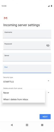 Press Never to keep email on the server when you delete them on your phone. Press Never to keep email on the server when you delete them on your phone.