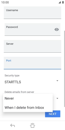 Press Never to keep email on the server when you delete them on your phone. Press Never to keep email on the server when you delete them on your phone.
