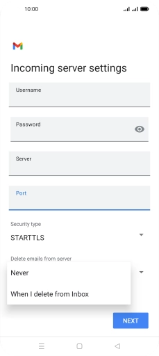 Press Never to keep email on the server when you delete them on your phone. Press Never to keep email on the server when you delete them on your phone.