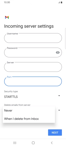 Press Never to keep email on the server when you delete them on your phone. Press Never to keep email on the server when you delete them on your phone.
