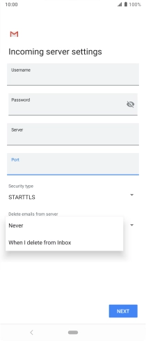 Press Never to keep email on the server when you delete them on your phone. Press Never to keep email on the server when you delete them on your phone.