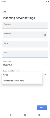 Press Never to keep email on the server when you delete them on your phone. Press Never to keep email on the server when you delete them on your phone.