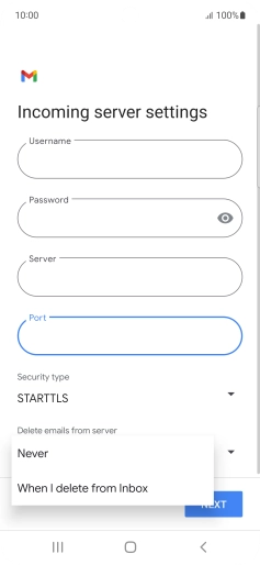 Press Never to keep email on the server when you delete them on your phone. Press Never to keep email on the server when you delete them on your phone.