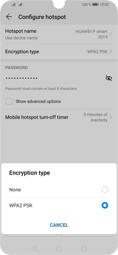 Press WPA2 PSK to password protect your Wi-Fi hotspot. Press WPA2 PSK to password protect your Wi-Fi hotspot.