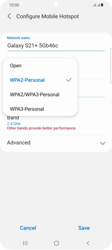 Press WPA2-Personal to password protect your Wi-Fi hotspot. Press WPA2-Personal to password protect your Wi-Fi hotspot.